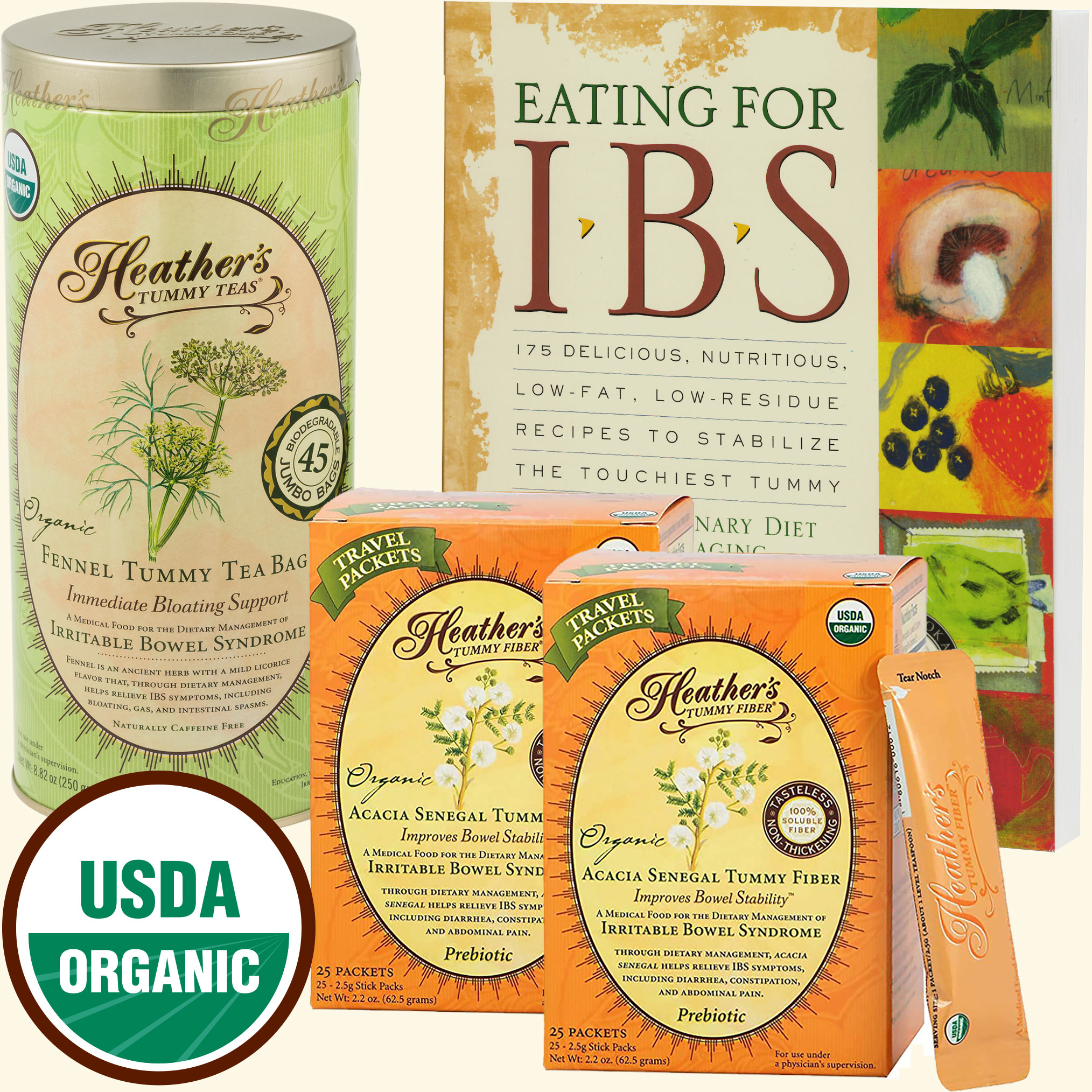 Belly Bloat Diet Kit:<br>Eating for IBS,<BR>Fennel Tummy Teabags,<BR>Tummy Fiber Stick Packs