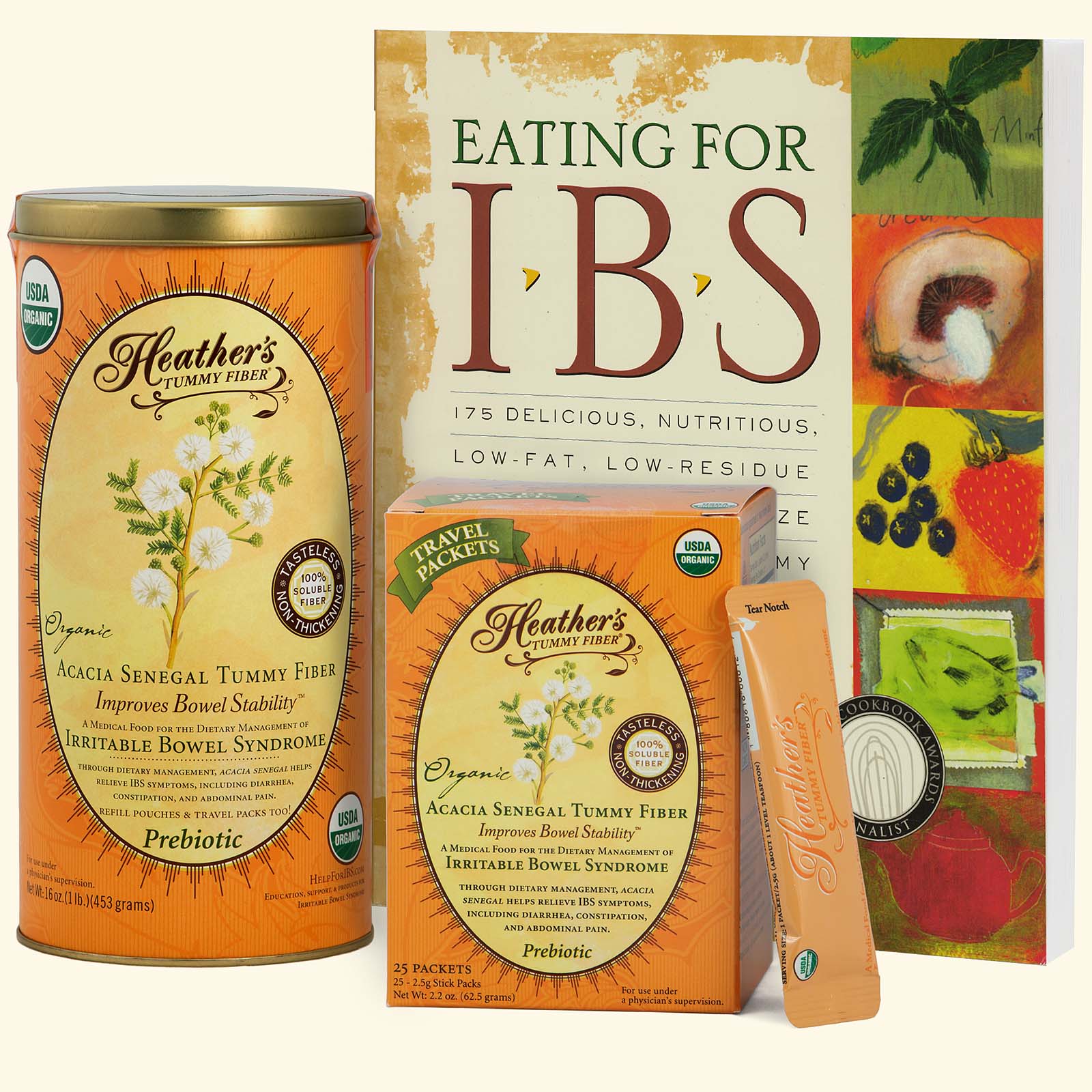 IBS Prebiotic Power Kit:<br>Eating for IBS,<BR>Tummy Fiber<BR>Acacia Can,<BR>Travel Stick Packs