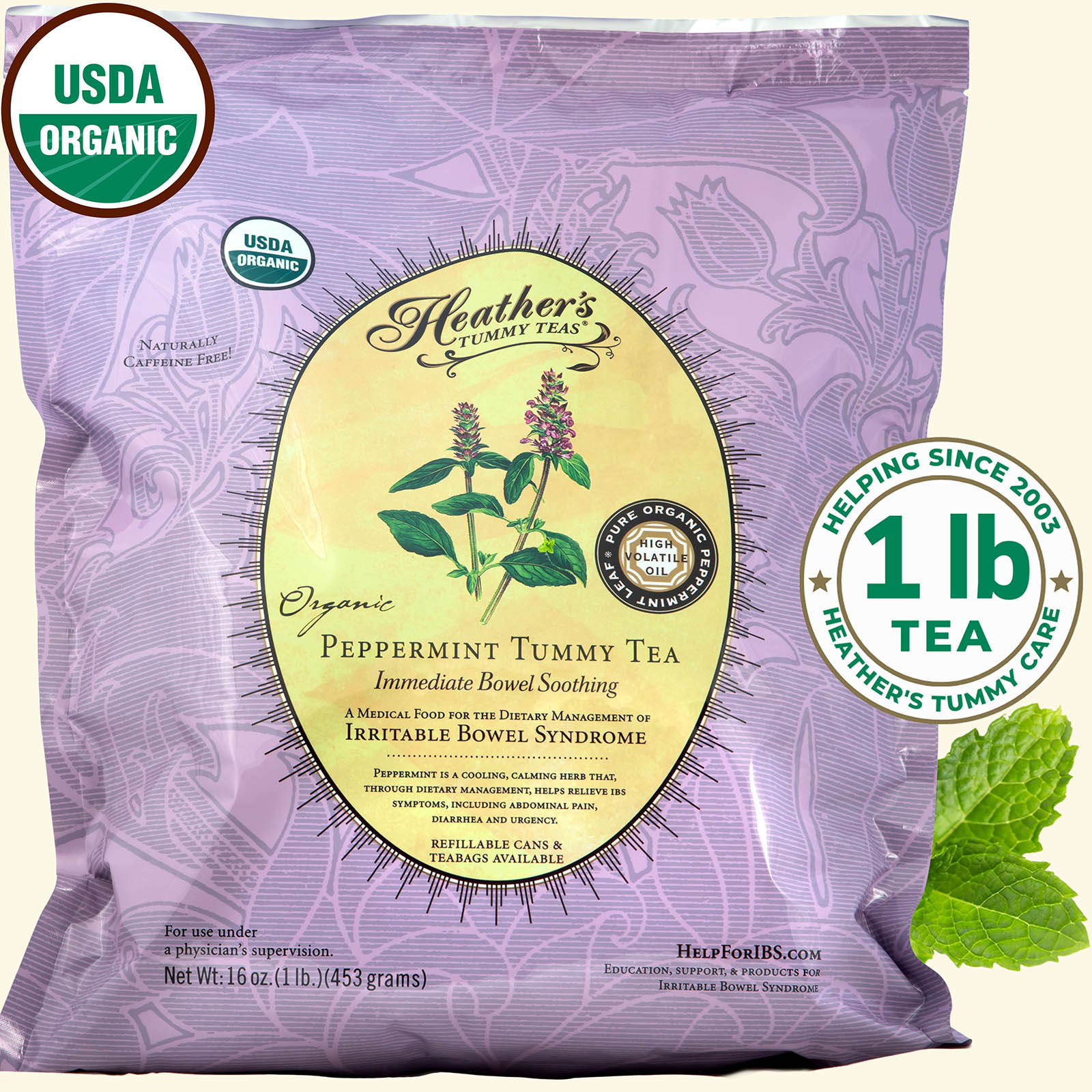 Peppermint<br>Tummy Tea<br>LOOSE 1lb.<br>Refill Pouch<br><em>Pain & Spasms</em>